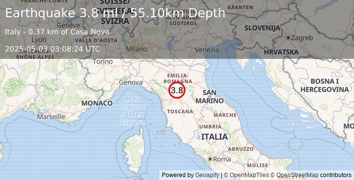 Earthquake NORTHERN ITALY (3.8 ml) (2025-05-03 03:08:22 UTC)