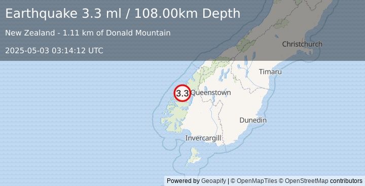 Earthquake SOUTH ISLAND OF NEW ZEALAND (3.3 ml) (2025-05-03 03:14:12 UTC)