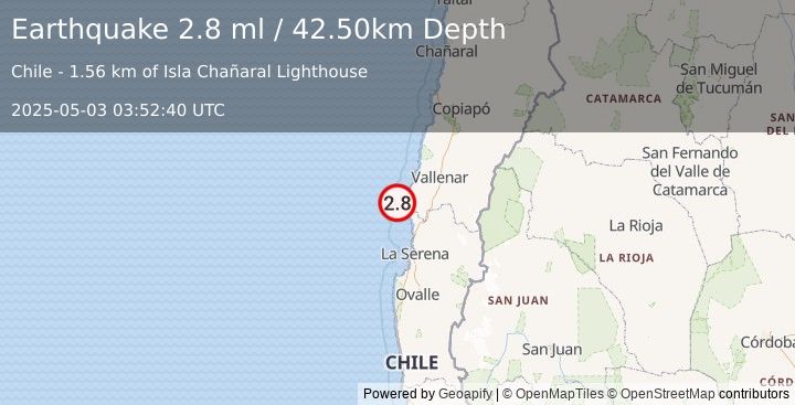 Earthquake OFFSHORE ATACAMA, CHILE (2.8 ml) (2025-05-03 03:52:40 UTC)