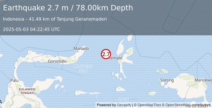 Earthquake MOLUCCA SEA (2.7 m) (2025-05-03 04:22:45 UTC)