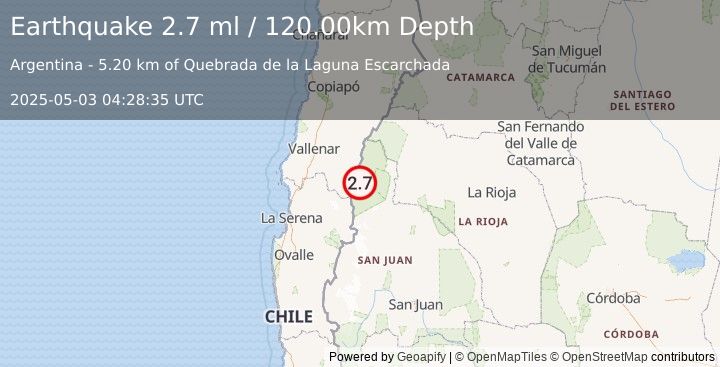 Earthquake SAN JUAN, ARGENTINA (2.7 ml) (2025-05-03 04:28:35 UTC)