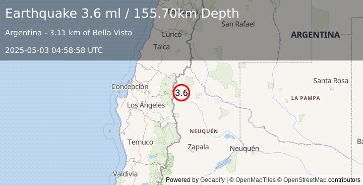 Earthquake NEUQUEN, ARGENTINA (3.6 ml) (2025-05-03 04:58:58 UTC)
