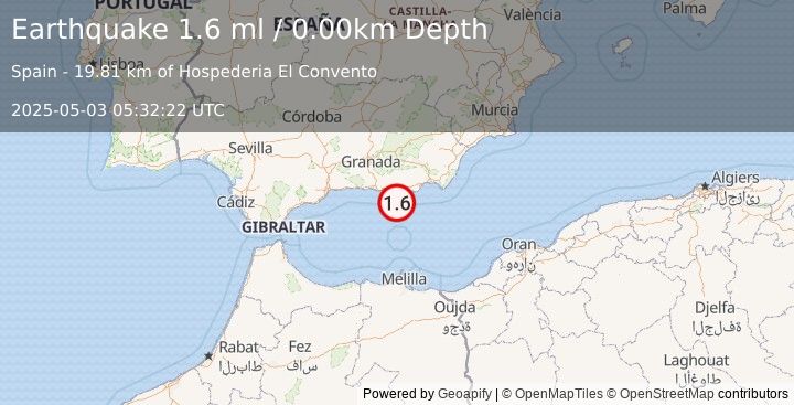 Earthquake STRAIT OF GIBRALTAR (1.6 ml) (2025-05-03 05:32:22 UTC)