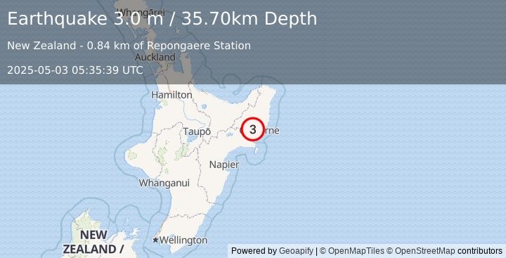 Earthquake NORTH ISLAND OF NEW ZEALAND (3.0 m) (2025-05-03 05:35:39 UTC)