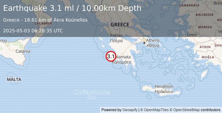 Earthquake SOUTHERN GREECE (3.1 ml) (2025-05-03 06:28:35 UTC)