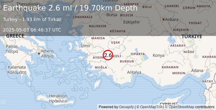 Earthquake WESTERN TURKEY (2.6 ml) (2025-05-03 06:46:37 UTC)
