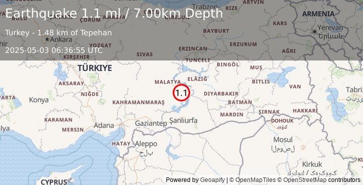 Earthquake EASTERN TURKEY (1.1 ml) (2025-05-03 06:36:55 UTC)