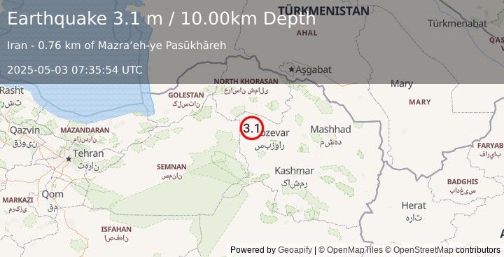 Earthquake NORTHEASTERN IRAN (3.1 m) (2025-05-03 07:35:54 UTC)