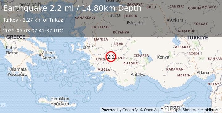 Earthquake WESTERN TURKEY (2.2 ml) (2025-05-03 07:41:36 UTC)