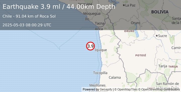 Earthquake OFF COAST OF TARAPACA, CHILE (3.8 ml) (2025-05-03 08:00:27 UTC)