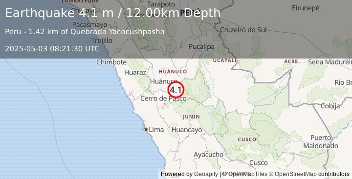 Earthquake CENTRAL PERU (4.1 m) (2025-05-03 08:21:30 UTC)