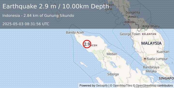 Earthquake NORTHERN SUMATRA, INDONESIA (2.9 m) (2025-05-03 08:31:56 UTC)