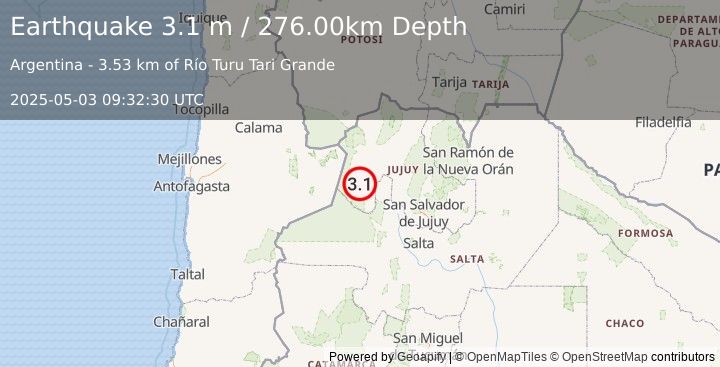 Earthquake JUJUY, ARGENTINA (3.0 m) (2025-05-03 09:32:16 UTC)
