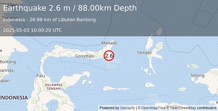 Earthquake MINAHASA, SULAWESI, INDONESIA (2.6 m) (2025-05-03 10:00:20 UTC)