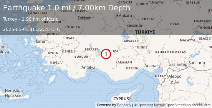 Earthquake CENTRAL TURKEY (1.0 ml) (2025-05-03 10:22:25 UTC)