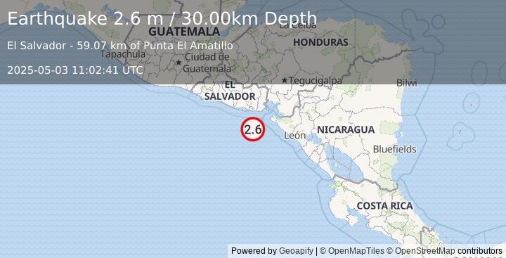 Earthquake OFFSHORE EL SALVADOR (2.6 m) (2025-05-03 11:02:41 UTC)