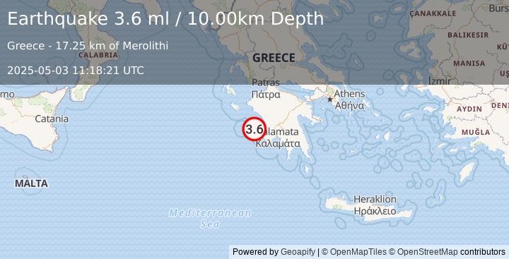 Earthquake SOUTHERN GREECE (3.6 ml) (2025-05-03 11:18:21 UTC)