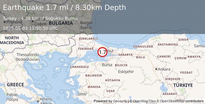 Earthquake WESTERN TURKEY (1.7 ml) (2025-05-03 11:50:50 UTC)