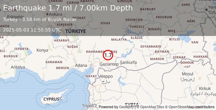 Earthquake CENTRAL TURKEY (1.7 ml) (2025-05-03 11:50:55 UTC)