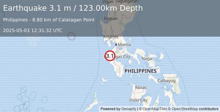 Earthquake MINDORO, PHILIPPINES (3.1 m) (2025-05-03 12:31:32 UTC)