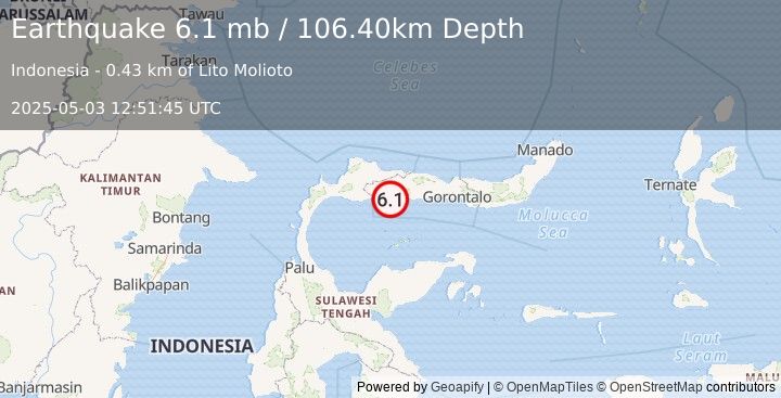 Earthquake MINAHASA, SULAWESI, INDONESIA (6.1 mb) (2025-05-03 12:51:45 UTC)