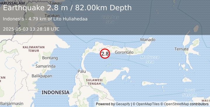 Earthquake MINAHASA, SULAWESI, INDONESIA (2.8 m) (2025-05-03 13:28:18 UTC)