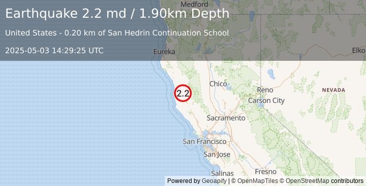 Earthquake NORTHERN CALIFORNIA (2.2 md) (2025-05-03 14:29:25 UTC)