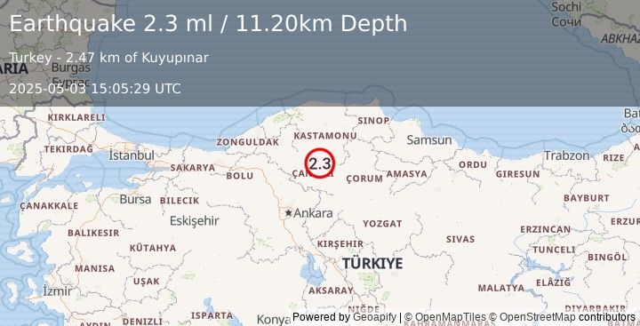 Earthquake CENTRAL TURKEY (2.3 ml) (2025-05-03 15:05:29 UTC)