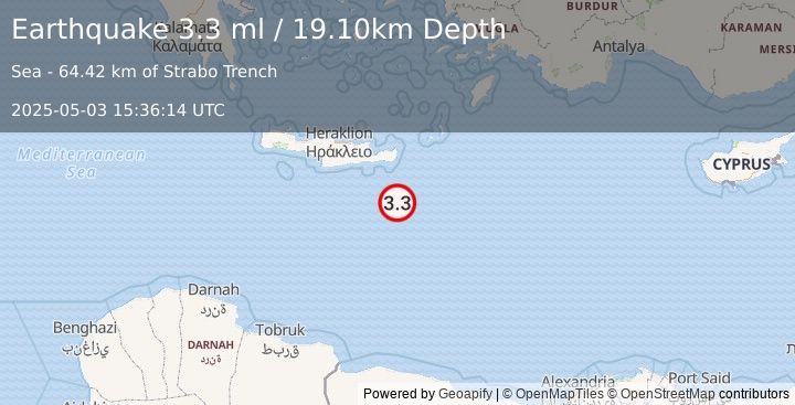 Earthquake CRETE, GREECE (3.3 ml) (2025-05-03 15:36:14 UTC)