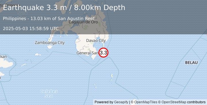 Earthquake MINDANAO, PHILIPPINES (3.3 m) (2025-05-03 15:58:59 UTC)