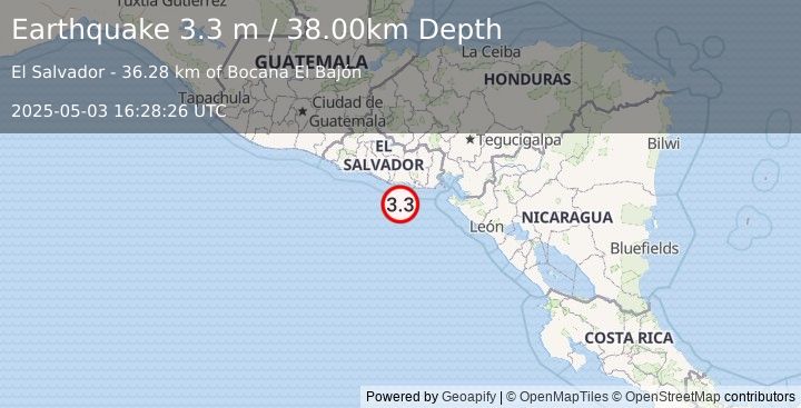 Earthquake OFFSHORE EL SALVADOR (3.3 m) (2025-05-03 16:28:26 UTC)