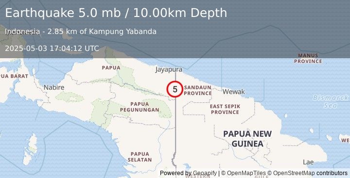 Earthquake NEW GUINEA, PAPUA NEW GUINEA (5.1 mb) (2025-05-03 17:04:13 UTC)