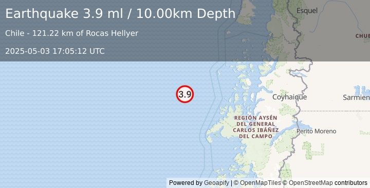Earthquake OFF COAST OF AISEN, CHILE (3.9 ml) (2025-05-03 17:05:12 UTC)
