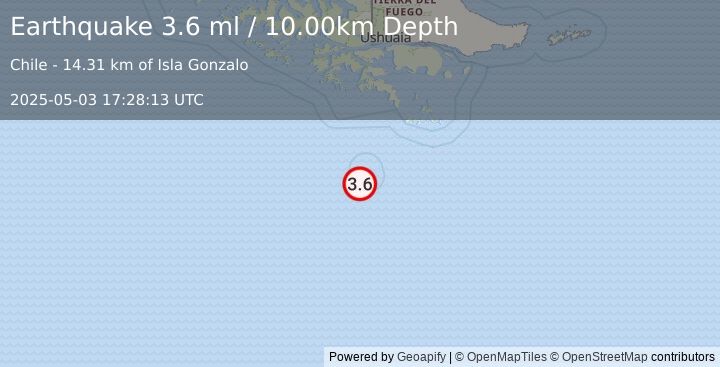 Earthquake DRAKE PASSAGE (3.6 ml) (2025-05-03 17:28:13 UTC)