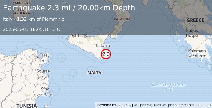 Earthquake SICILY, ITALY (2.3 ml) (2025-05-03 18:05:18 UTC)