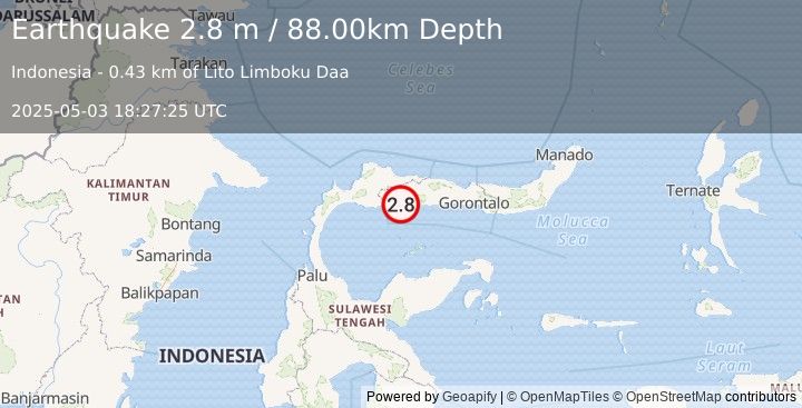 Earthquake MINAHASA, SULAWESI, INDONESIA (2.8 m) (2025-05-03 18:27:25 UTC)