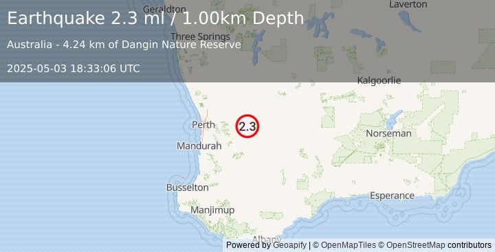 Earthquake WESTERN AUSTRALIA (2.3 ml) (2025-05-03 18:33:06 UTC)