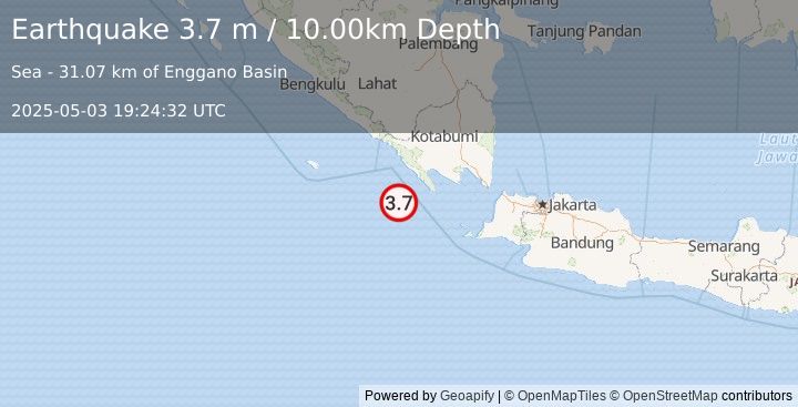 Earthquake SOUTHWEST OF SUMATRA, INDONESIA (3.7 m) (2025-05-03 19:24:32 UTC)