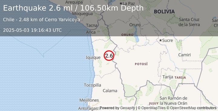 Earthquake TARAPACA, CHILE (2.6 ml) (2025-05-03 19:16:43 UTC)