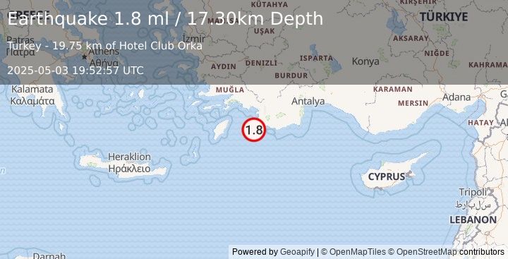 Earthquake WESTERN TURKEY (1.8 ml) (2025-05-03 19:52:57 UTC)