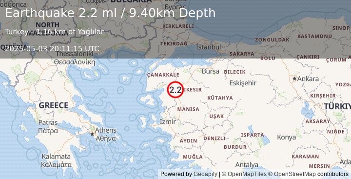 Earthquake WESTERN TURKEY (2.2 ml) (2025-05-03 20:11:15 UTC)