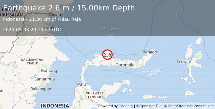 Earthquake MINAHASA, SULAWESI, INDONESIA (2.6 m) (2025-05-03 20:15:23 UTC)