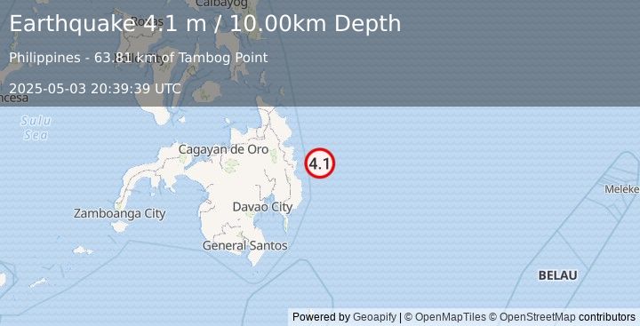 Earthquake PHILIPPINE ISLANDS REGION (4.1 m) (2025-05-03 20:39:39 UTC)