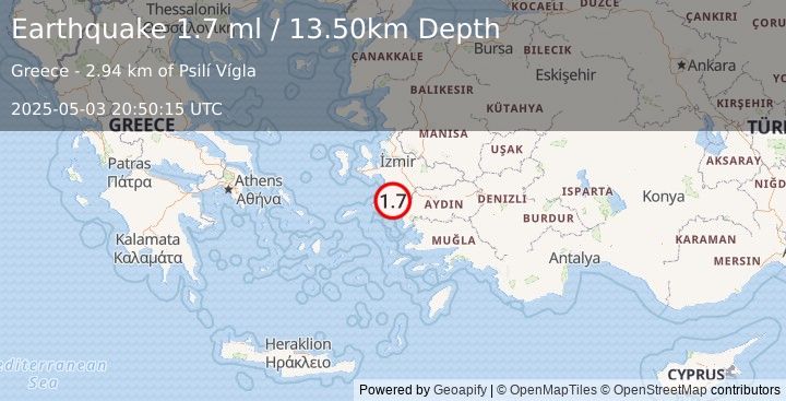 Earthquake WESTERN TURKEY (1.7 ml) (2025-05-03 20:50:15 UTC)