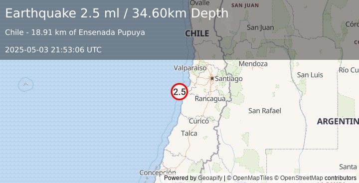 Earthquake OFFSHORE O'HIGGINS, CHILE (2.5 ml) (2025-05-03 21:53:06 UTC)
