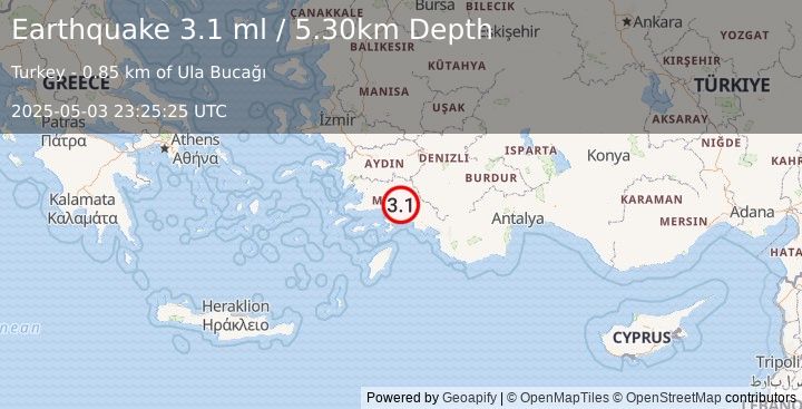 Earthquake WESTERN TURKEY (3.1 ml) (2025-05-03 23:25:25 UTC)