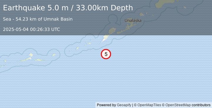 Earthquake FOX ISLANDS, ALEUTIAN ISLANDS (4.7 mb) (2025-05-04 00:26:28 UTC)