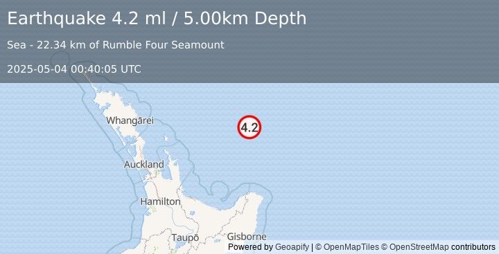 Earthquake OFF E. COAST OF N. ISLAND, N.Z. (4.2 ml) (2025-05-04 00:40:05 UTC)