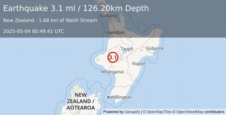 Earthquake NORTH ISLAND OF NEW ZEALAND (3.1 ml) (2025-05-04 00:49:41 UTC)