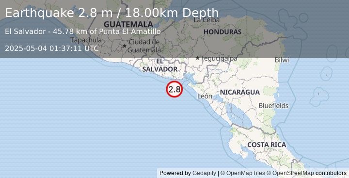 Earthquake OFFSHORE EL SALVADOR (2.8 m) (2025-05-04 01:37:11 UTC)